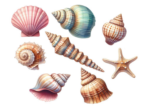 Digital drawing realistic beautiful sea shells of various colors and textures isolated on a transparent background. Blue, pink and beige shades.