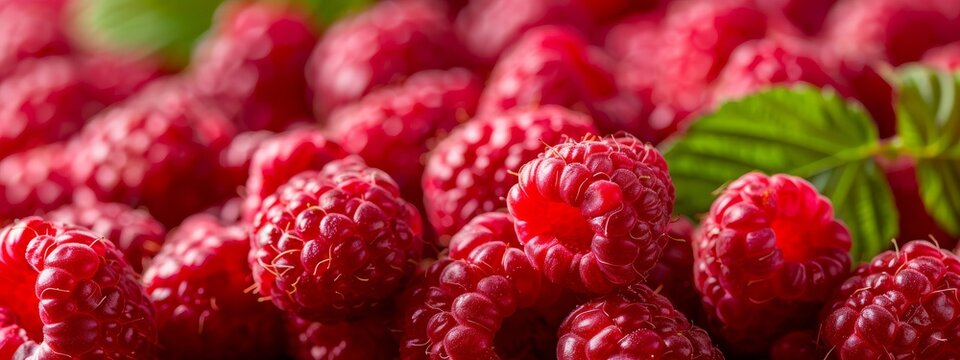 Raspberries closeup background, template for horizontal banner. Healthy food concept.