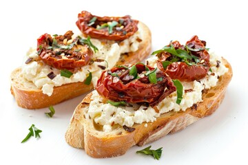 Sundried Tomato and Ricotta   Sundried tomato and ricotta cheese on toasted baguette food photogrphy - obrazy, fototapety, plakaty