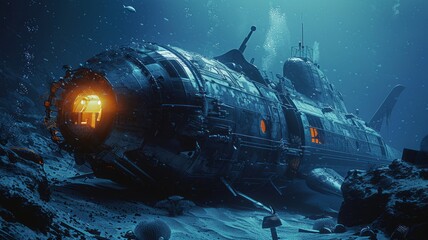 In the depths of the ocean, a robotic submarine explores a sunken shipwreck with curiosity - obrazy, fototapety, plakaty
