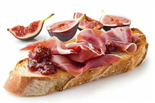 Fig and Prosciutto Baguette   Thinly sliced prosciutto and fig jam on crisp baguette slice food photogrphy