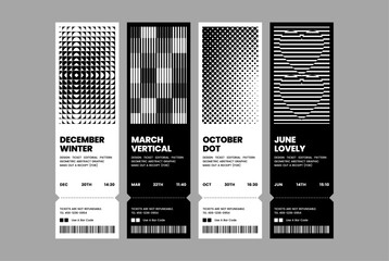 Modern exhibition ticket template layout abstract geometric shapes dot heart line square pattern poster minimal black white  
