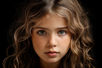 Naklejka premium Captivating Portrait of a Young Caucasian Girl with Curly Blonde Hair and Deep Blue Eyes, Embodying Innocence and Beauty