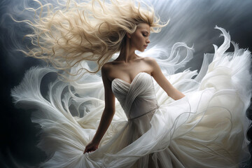 Surreal Beauty as a Young Caucasian Woman in a Flowing White Dress and Whimsical Hair Poses in a Dreamlike State