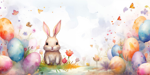 Cozy Easter card template. Flowers, bunny and eggs. Happy Easter backdrop. Watercolor easter celebration background.