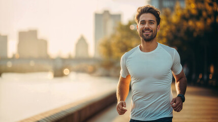 A Handsome Young Caucasian Man with a Beard Enjoys a Sunset Jog Along a City Riverbank, Radiating...