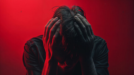 A man covers his face with his hands in a gesture of despair or embarrassment against a red background - obrazy, fototapety, plakaty