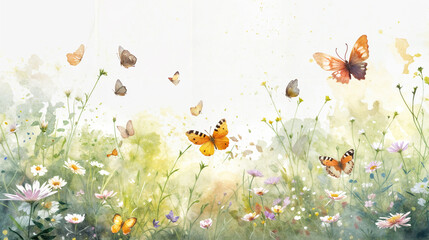 Colorful butterflies are seen flying gracefully over a vibrant field of blooming flowers - obrazy, fototapety, plakaty
