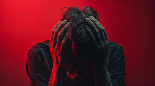A man covers his face with his hands in a gesture of despair or embarrassment against a red background