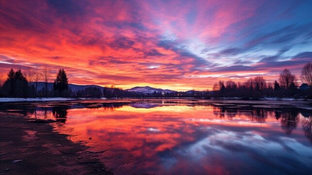 Tranquil mountain scenery with colorful sunset sky reflecting on calm lake surface