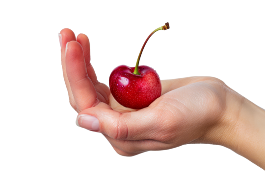 Hand holding a halved, fresh, ripe Cherry fruit , cut out transparent isolated on white background ,PNG file.