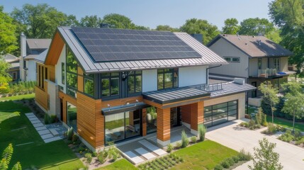 This modern passive house is complemented by a landscaped yard, with solar panels adorning the gable roof to maximize energy efficiency