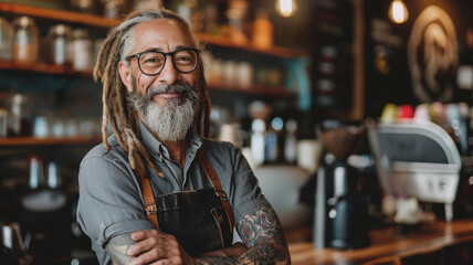 Portrait of The male barista with dreadlocks hairstyle is working in coffee shop