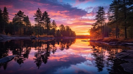 Tranquil mountain landscape, serene lake reflects vibrant hues of sunset sky in picturesque scene - obrazy, fototapety, plakaty