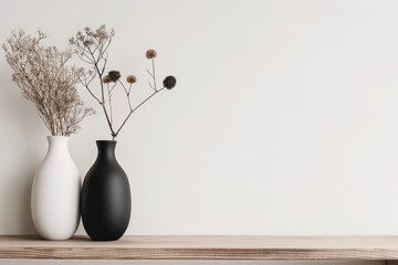 A black vase with dried flowers on a wooden shelf against a white wall