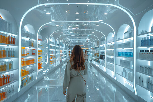 Modern white future pharmacy with a variety of medications and cosmetics for everyone
