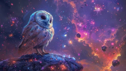 Türaufkleber A cute owl sits on the top of an alien planet, with vibrant colors and intricate patterns surrounding it.  © Photo And Art Panda
