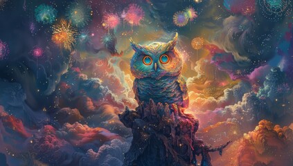A cute owl sits on the top of an alien planet, with vibrant colors and intricate patterns surrounding it. 
