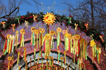 Shrovetide decorations on city street. Traditional spring festival Pancake week