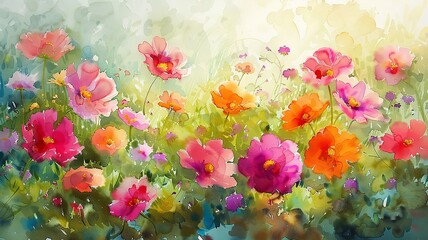 Elegant garden with bright flowers in full bloom, captured in a watercolor painting