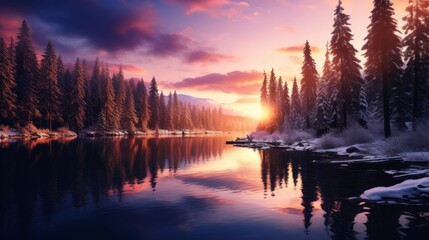 Tranquil mountain sunset  majestic peaks, reflective lake, and vibrant sky colors - obrazy, fototapety, plakaty