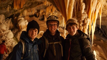 Fototapeta premium Three close friends embarked on a journey to explore a cave adorned with stunning stalactites