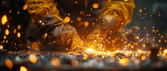 Macro photograph of a blacksmith hands shaping metal, sparks flying, forge background. - obrazy, fototapety, plakaty