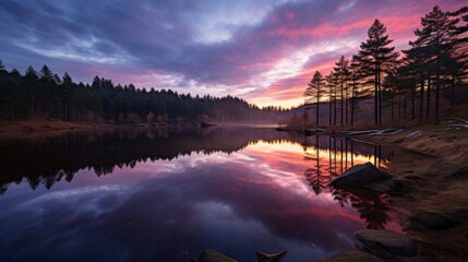 Serene mountain landscape at sunset with colorful sky reflecting in peaceful lake