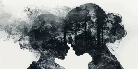 Fotobehang A double exposure of the silhouette and face of an adult woman facing her child, the mother is made from smoke and foggy forest trees © Photo And Art Panda