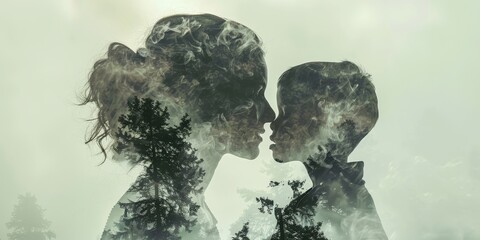 A double exposure of the silhouette and face of an adult woman facing her child, the mother is made from smoke and foggy forest trees