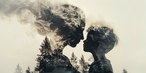 A double exposure of the silhouette and face of an adult woman facing her child, the mother is made from smoke and foggy forest trees