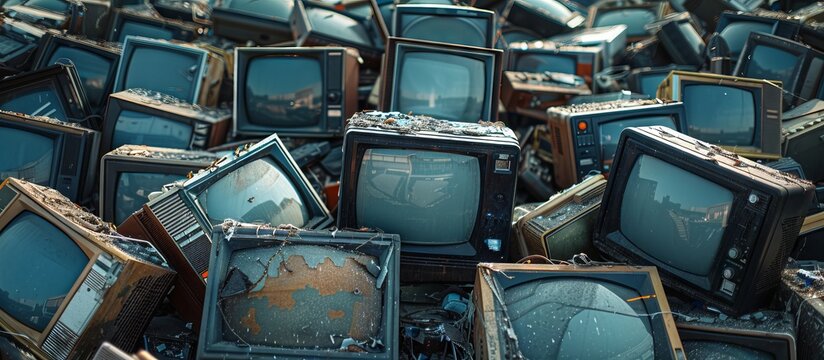 Many outdated computer monitors abandoned as a pile of garbage. Environmental problems that come from electronic waste