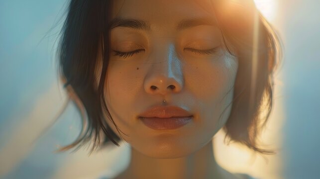 Close Up Of A Woman Face In Meditation, A Single Ray Of Light Illuminating Her Peaceful Expression Of Inner Serenity , Light From Window