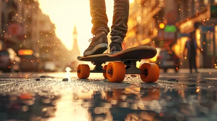Tuinposter Amidst a bustling cityscape, an electric skateboard zips through the streets with grace © Putra