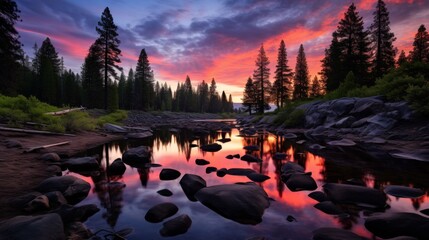 Tranquil mountain vista  breathtaking sunset reflects in serene lake with vibrant colors - obrazy, fototapety, plakaty