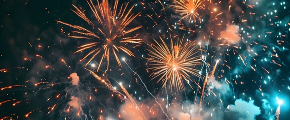 Fireworks that light up the sky on a summer night, rare landscapes, nighttime beauty, festivities, happiness. Generative AI