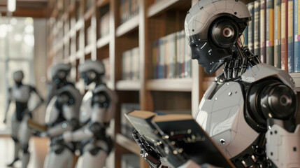  an AI robot reading books in the library, surrounded by bookshelves filled with various academic...