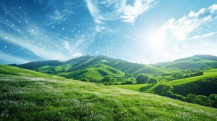 Soaring graphs amidst verdant rolling hills under bright blue skies