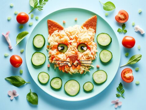 Colorful and fun food art image of a cat face creatively made with rice and vegetables on a blue plate