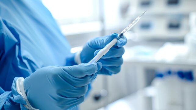 This image captures a healthcare professional in blue scrubs carefully preparing a syringe, symbolic of medical treatments