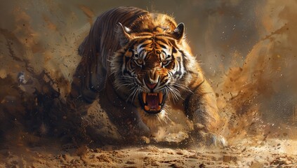 A fierce tiger baring its fangs, exuding power and strength in an epic digital painting style - obrazy, fototapety, plakaty