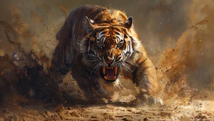 Foto op Plexiglas A fierce tiger baring its fangs, exuding power and strength in an epic digital painting style © Photo And Art Panda