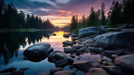 Tranquil mountain landscape with vibrant sunset sky reflected in the calm waters of a serene lake