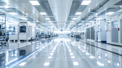 The image showcases an immaculate, well-lit manufacturing facility with advanced technological equipment and a reflective floor