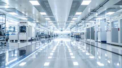 The image showcases an immaculate, well-lit manufacturing facility with advanced technological equipment and a reflective floor