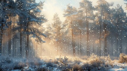 Snow-covered pine forest, early morning with fresh snowfall