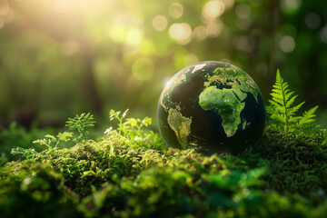 Globe with network connection over green nature background. 3D rendering - obrazy, fototapety, plakaty