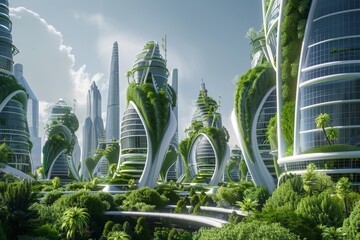 A futuristic city with vertical farms and green skyscrapers - obrazy, fototapety, plakaty