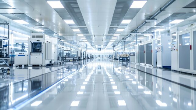 The image showcases an immaculate, well-lit manufacturing facility with advanced technological equipment and a reflective floor