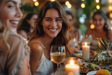 Joyful gathering of friends enjoying a festive dinner party